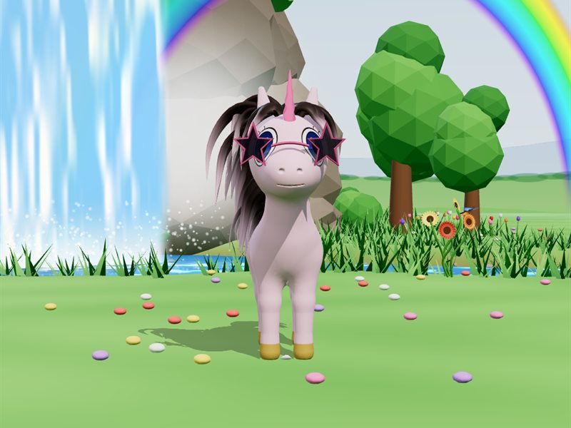 A pink unicorn in star sunglasses by the rainbow waterfall in Starlight Pony, a free 3D pony creator