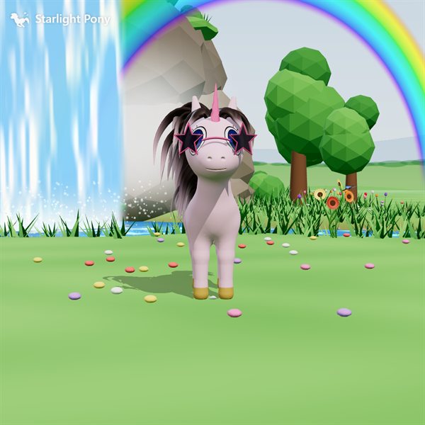 A pink unicorn in star sunglasses by the rainbow waterfall, photographed in Starlight Pony on mobile